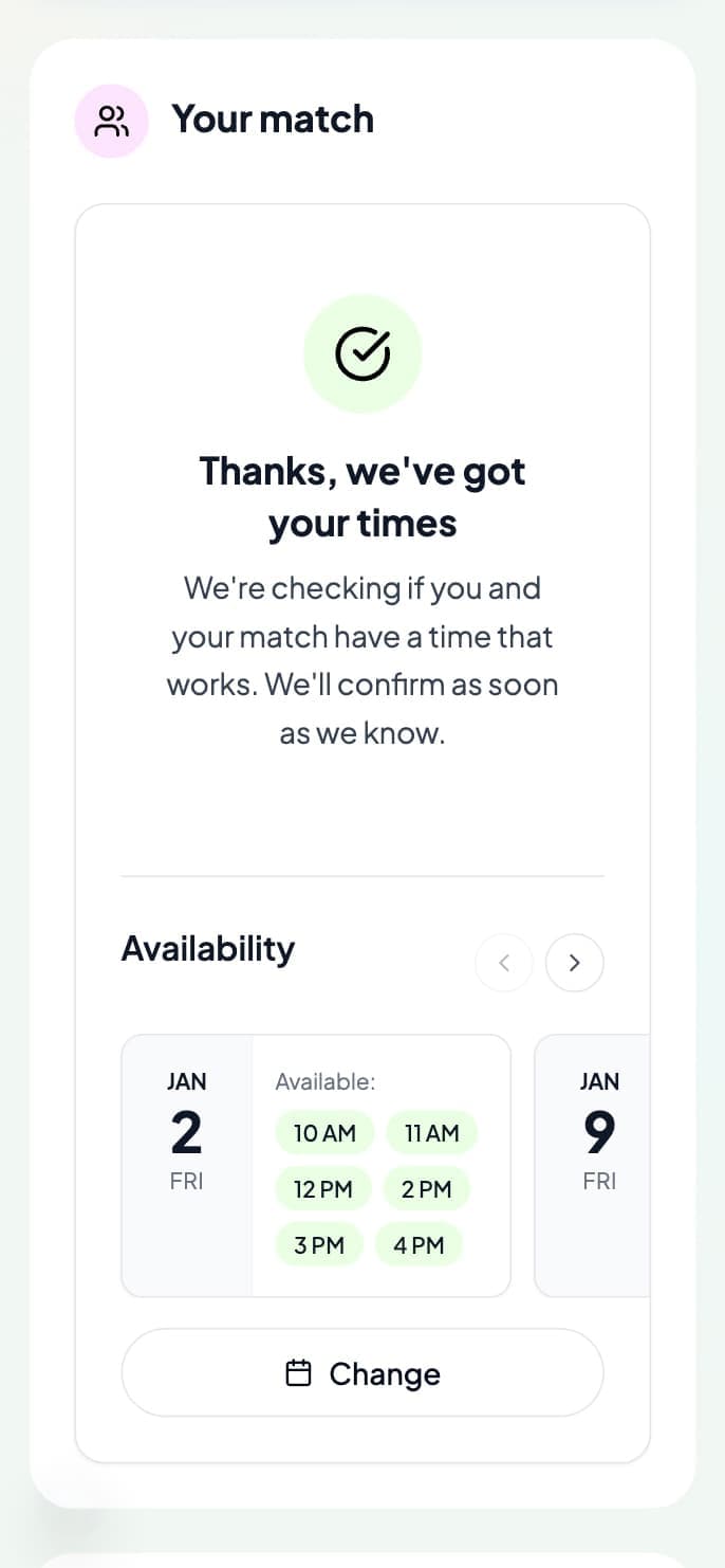 Availability selection screen showing time slot picker