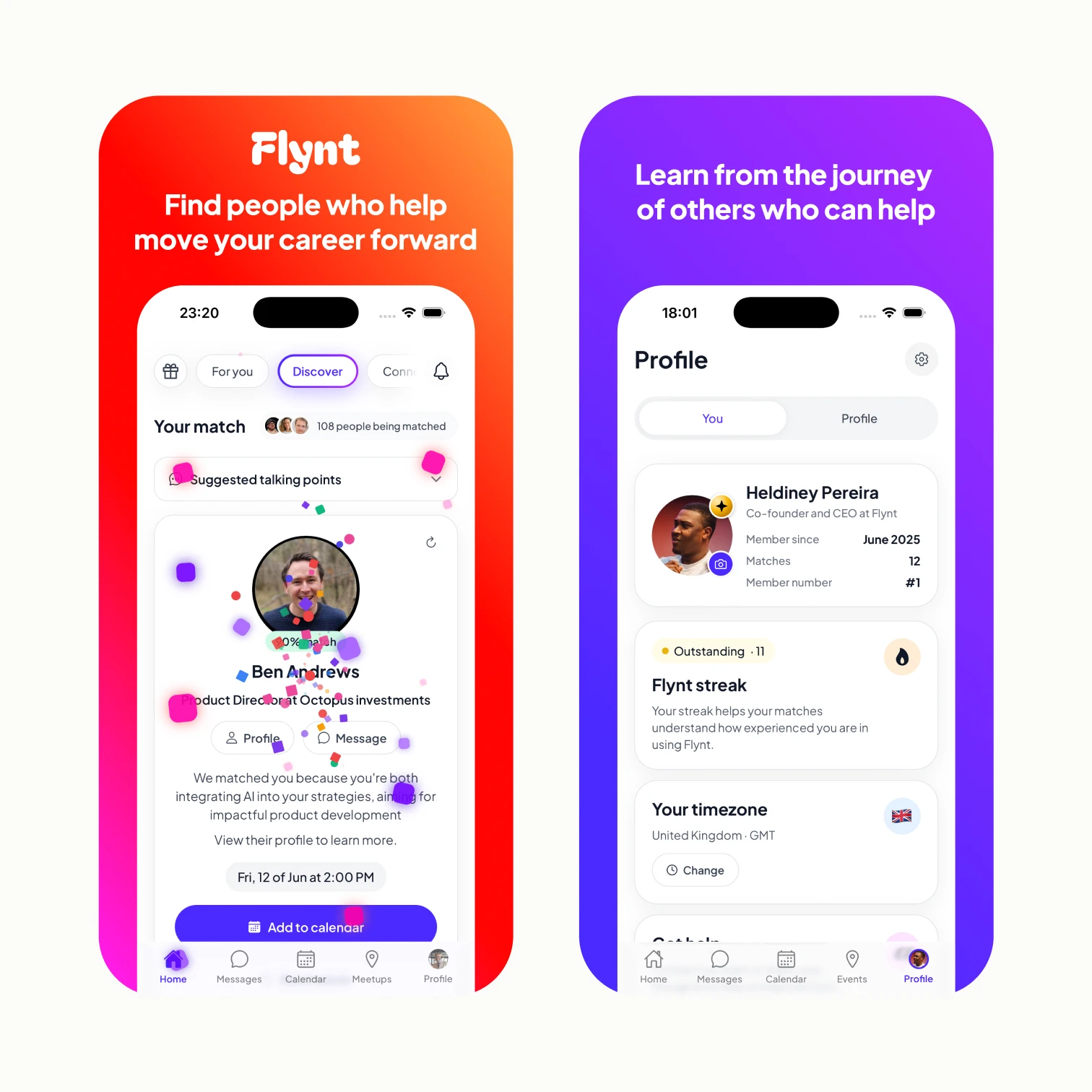 Flynt iOS app showing the Discover feed and profile