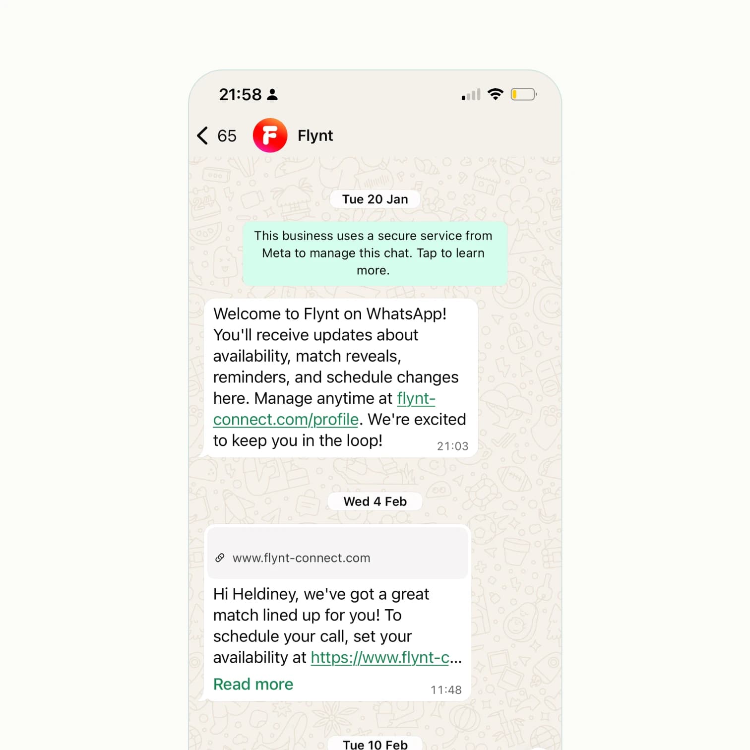 Screenshot showing the WhatsApp interface with a message from Flynt