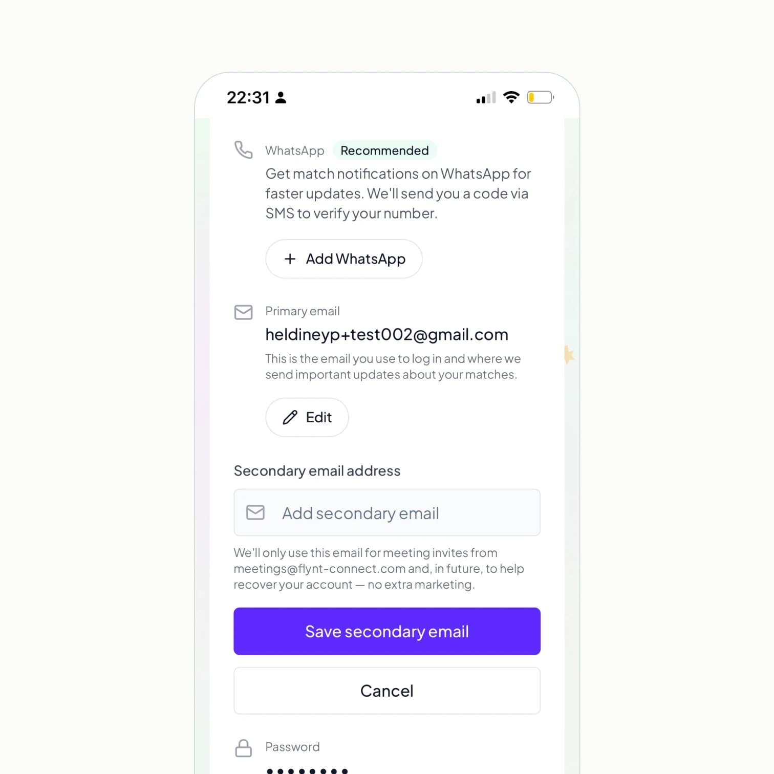 Screenshot of where to add your secondary email from your profile